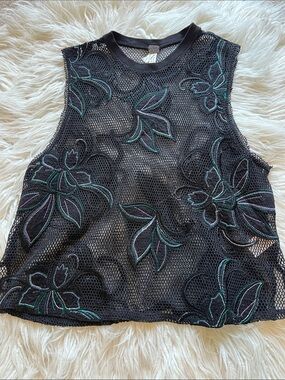 Free People Black Mesh Floral Embroidered Sleeveless Top